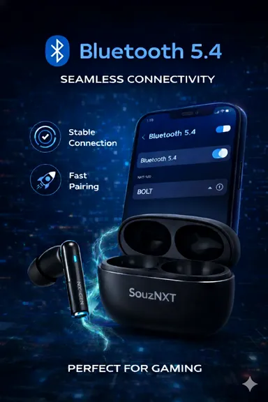 SouzNXT Bolt True Wireless Earbuds with 46H Playtime| Deep Bass, ENC Clear Calling, Type-C Fast Charging, Bluetooth 5.4| Sweatproof Stereo Earphones for Gaming, Music, and Calls thumbnail 2