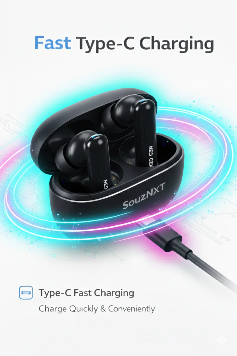 SouzNXT Bolt True Wireless Earbuds with 46H Playtime| Deep Bass, ENC Clear Calling, Type-C Fast Charging, Bluetooth 5.4| Sweatproof Stereo Earphones for Gaming, Music, and Calls image 5