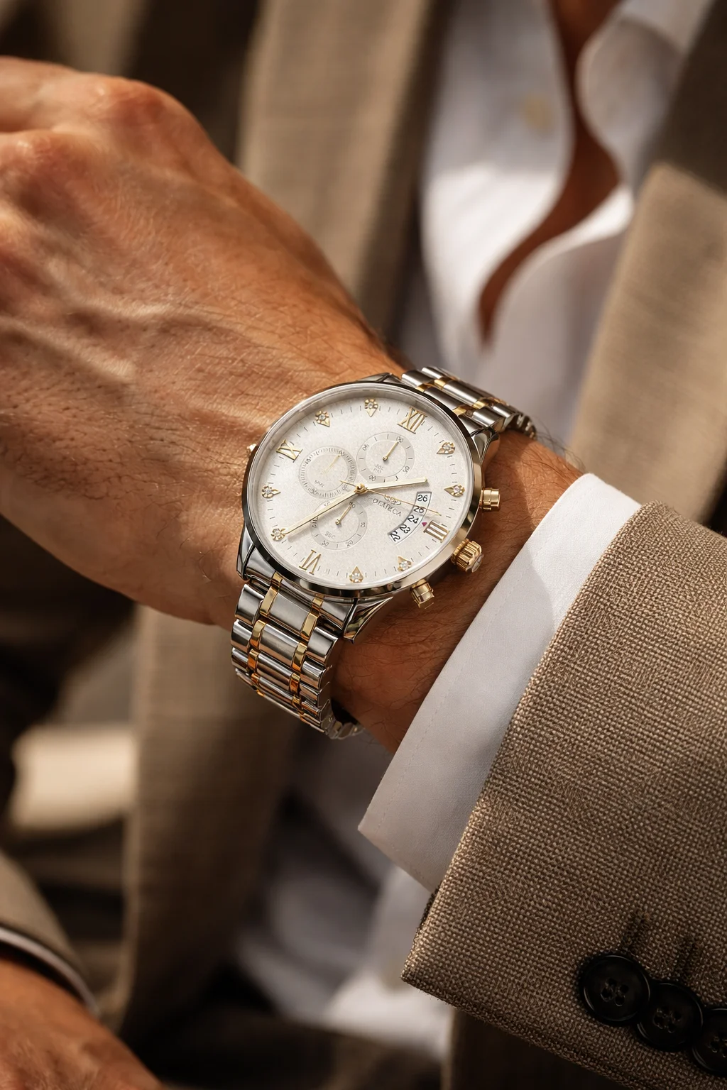 OLMECA Premium Dual-Tone Fully Automatic Chronograph Watch with Fully Working Three-Eye Dial & Date Display image 7