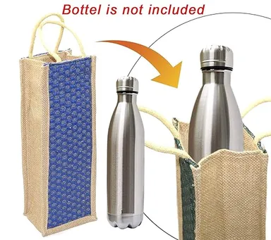 Fabric Jute Water Bottle Bag With Handles – Pack Of 2 | Reusable Eco Friendly Jute Bottle Carrier Bag For 1L 1.5L 2L Bottles | Blue Red Stylish Durable Gift Bag India thumbnail 1