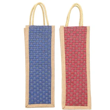 Fabric Jute Water Bottle Bag With Handles – Pack Of 2 | Reusable Eco Friendly Jute Bottle Carrier Bag For 1L 1.5L 2L Bottles | Blue Red Stylish Durable Gift Bag India thumbnail 0
