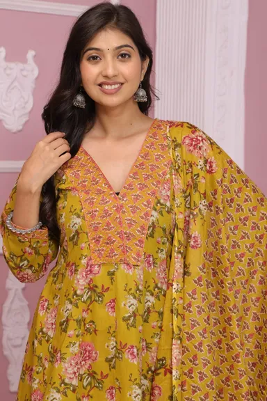 Yellow Anarkali Suit Set for Women |Designer Ethnic Indian Dress, Party & Festive Wear, Cotton| Georgette Long Kurta with Churidar & Dupatta thumbnail 0
