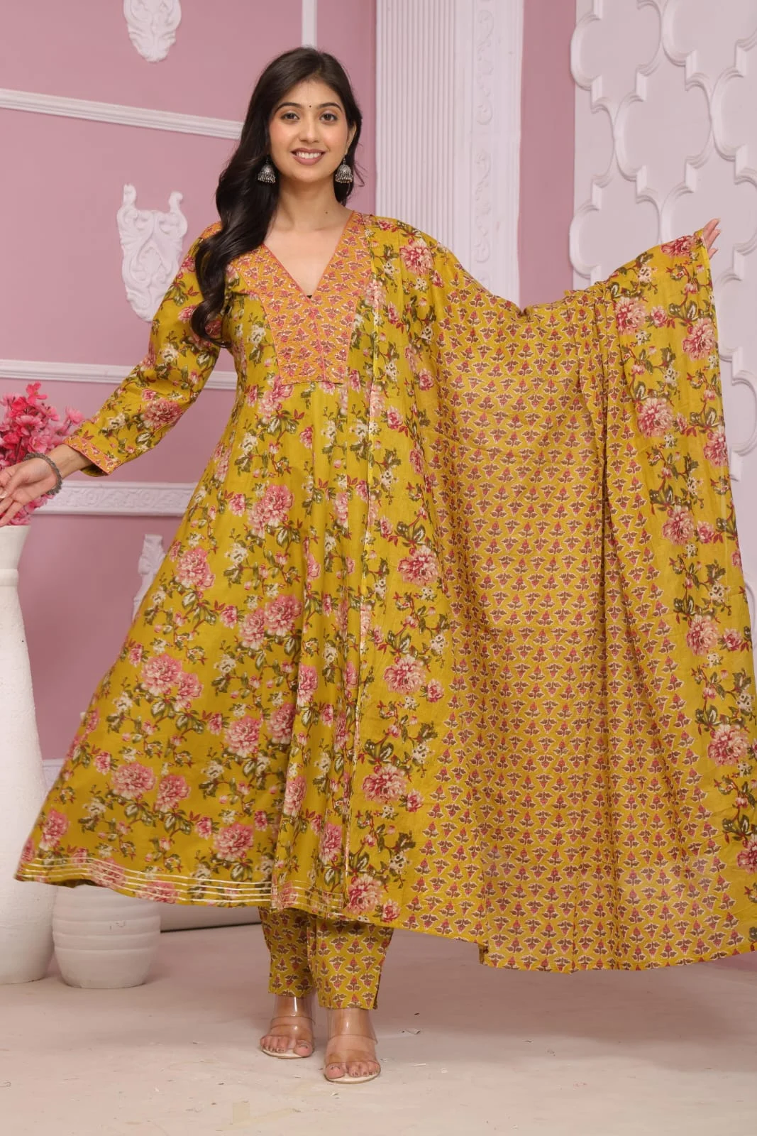 Yellow Anarkali Suit Set for Women |Designer Ethnic Indian Dress, Party & Festive Wear, Cotton| Georgette Long Kurta with Churidar & Dupatta image 2