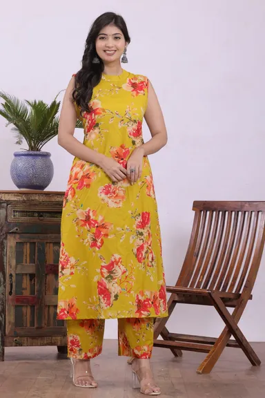 Trendy Women’s Yellow Ethnic Straight Kurta Set Party Wear Casual Festive Cotton Blend Modern Designer Salwar Suit thumbnail 0