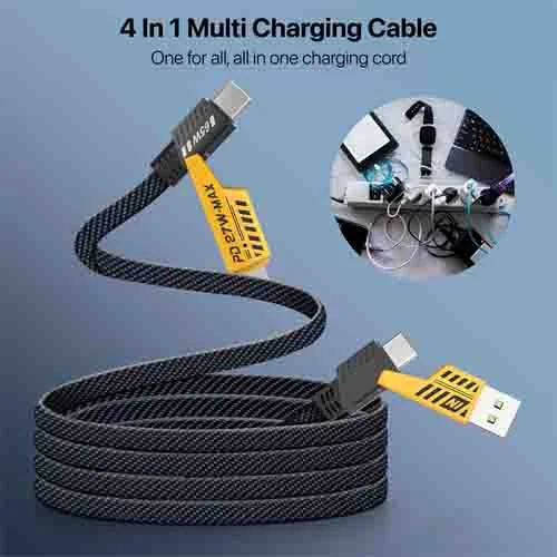 Metal Fast Charging Data Cable 65W USB-C USB-A Multi-Device Braided Cable for Apple and Android Smartphones, Light Black| 4-in-1 image 3