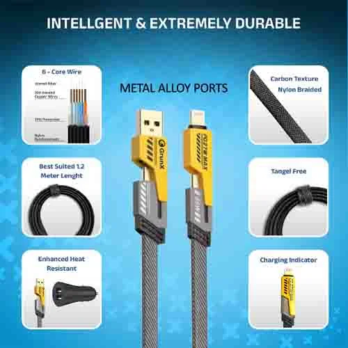 Metal Fast Charging Data Cable 65W USB-C USB-A Multi-Device Braided Cable for Apple and Android Smartphones, Light Black| 4-in-1 image 2