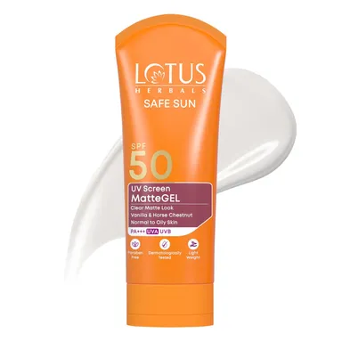Lotus Herbals Safe Sun UV Screen Matte Gel Sunscreen SPF 50 PA+++ – Invisible Gel, No White Cast, Matte Finish for Normal to Oily Skin (50 g) thumbnail 0