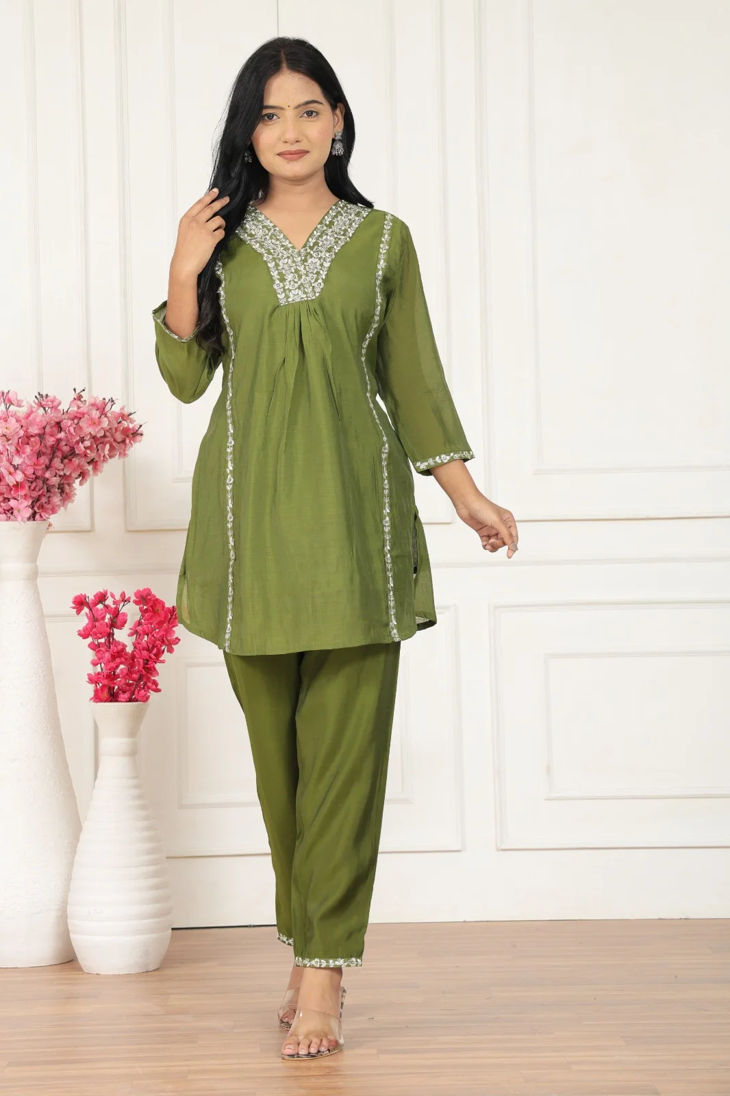 Women Green Co-ord Set Cotton Casual Loose Fit Top & Bottom Outfit Summer Trendy Ethnic Western Wear with Pockets image 1