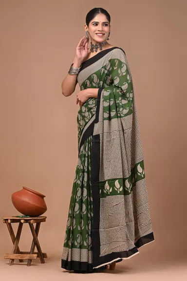 Green Cotton Printed Saree with Black & White Leaf Motif Border | Handloom Ethnic Traditional Indian Wear for Women | Casual & Festive Draping thumbnail 1