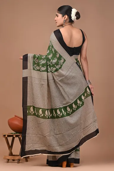 Green Cotton Printed Saree with Black & White Leaf Motif Border | Handloom Ethnic Traditional Indian Wear for Women | Casual & Festive Draping thumbnail 2