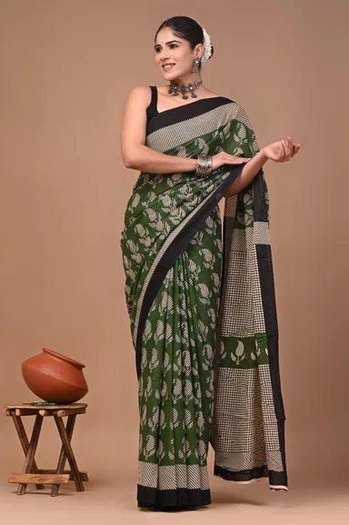 Green Cotton Printed Saree with Black & White Leaf Motif Border | Handloom Ethnic Traditional Indian Wear for Women | Casual & Festive Draping thumbnail 0