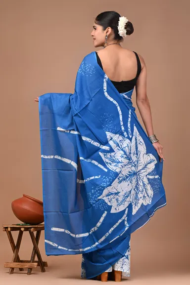 Blue White Handcrafted Batik Print Cotton Saree with Artistic Floral Motifs Lightweight Breathable Ethnic Wear for Everyday, Office, Casual and Festival Occasions with Matching Blouse Piece thumbnail 1