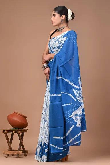 Blue White Handcrafted Batik Print Cotton Saree with Artistic Floral Motifs Lightweight Breathable Ethnic Wear for Everyday, Office, Casual and Festival Occasions with Matching Blouse Piece thumbnail 2