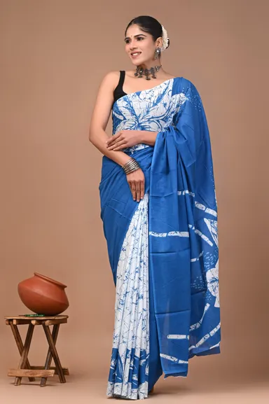 Blue White Handcrafted Batik Print Cotton Saree with Artistic Floral Motifs Lightweight Breathable Ethnic Wear for Everyday, Office, Casual and Festival Occasions with Matching Blouse Piece thumbnail 3
