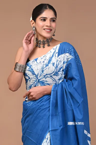 Blue White Handcrafted Batik Print Cotton Saree with Artistic Floral Motifs Lightweight Breathable Ethnic Wear for Everyday, Office, Casual and Festival Occasions with Matching Blouse Piece thumbnail 0