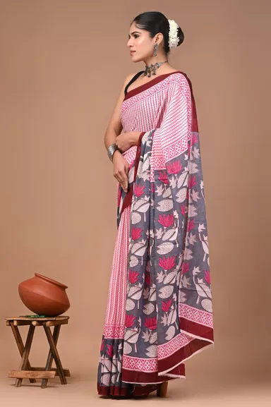 Pink Grey Floral Printed Cotton Saree with Maroon Border for Women Casual Work Daily Wear Ethnic Traditional Indian Saree Lightweight Comfort thumbnail 1