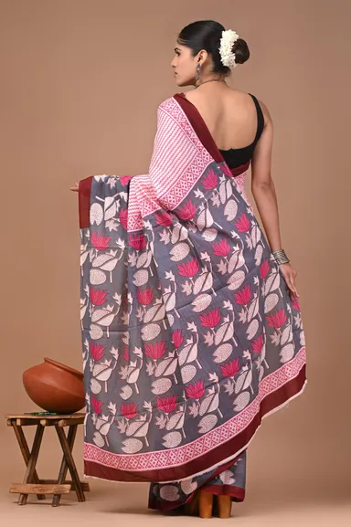 Pink Grey Floral Printed Cotton Saree with Maroon Border for Women Casual Work Daily Wear Ethnic Traditional Indian Saree Lightweight Comfort thumbnail 2