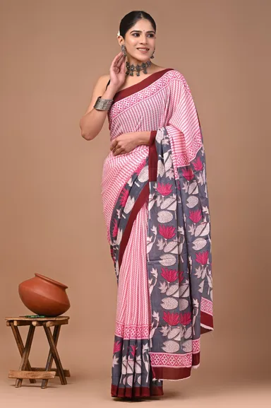 Pink Grey Floral Printed Cotton Saree with Maroon Border for Women Casual Work Daily Wear Ethnic Traditional Indian Saree Lightweight Comfort thumbnail 0