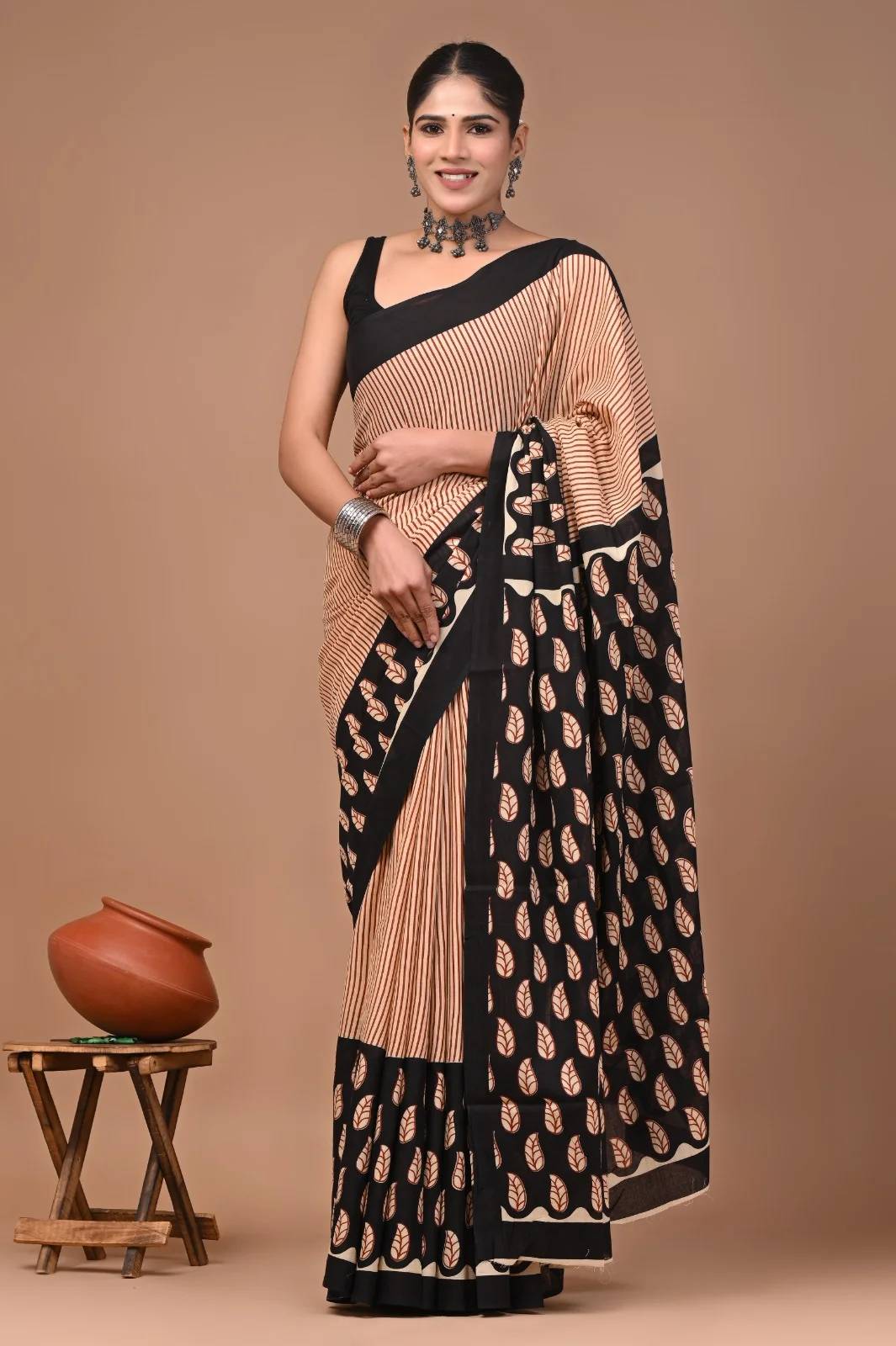 Elegant Handblock Printed Pure Cotton Saree with Black and Beige Leaf Motifs, Striped Pattern, Ethnic Traditional Indian Design, Lightweight Breathable Fabric for Festive and Casual Wear, Artisan Crafted, Comfortable Summer Saree image 2