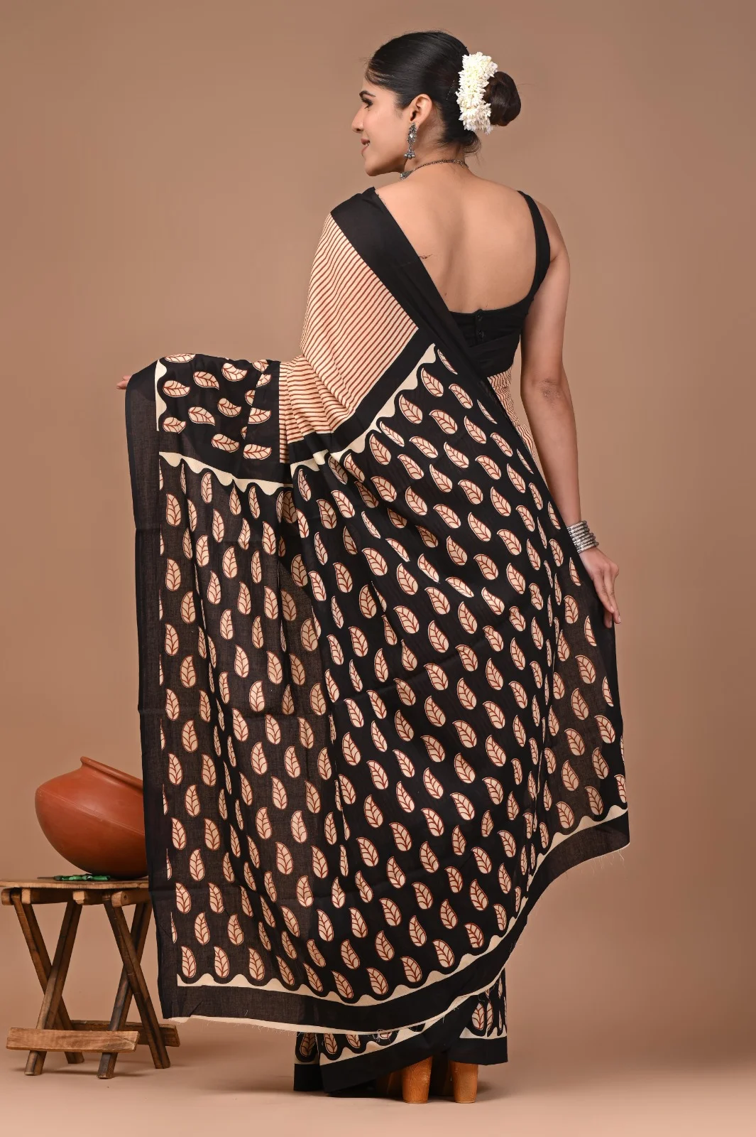 Elegant Handblock Printed Pure Cotton Saree with Black and Beige Leaf Motifs, Striped Pattern, Ethnic Traditional Indian Design, Lightweight Breathable Fabric for Festive and Casual Wear, Artisan Crafted, Comfortable Summer Saree image 3