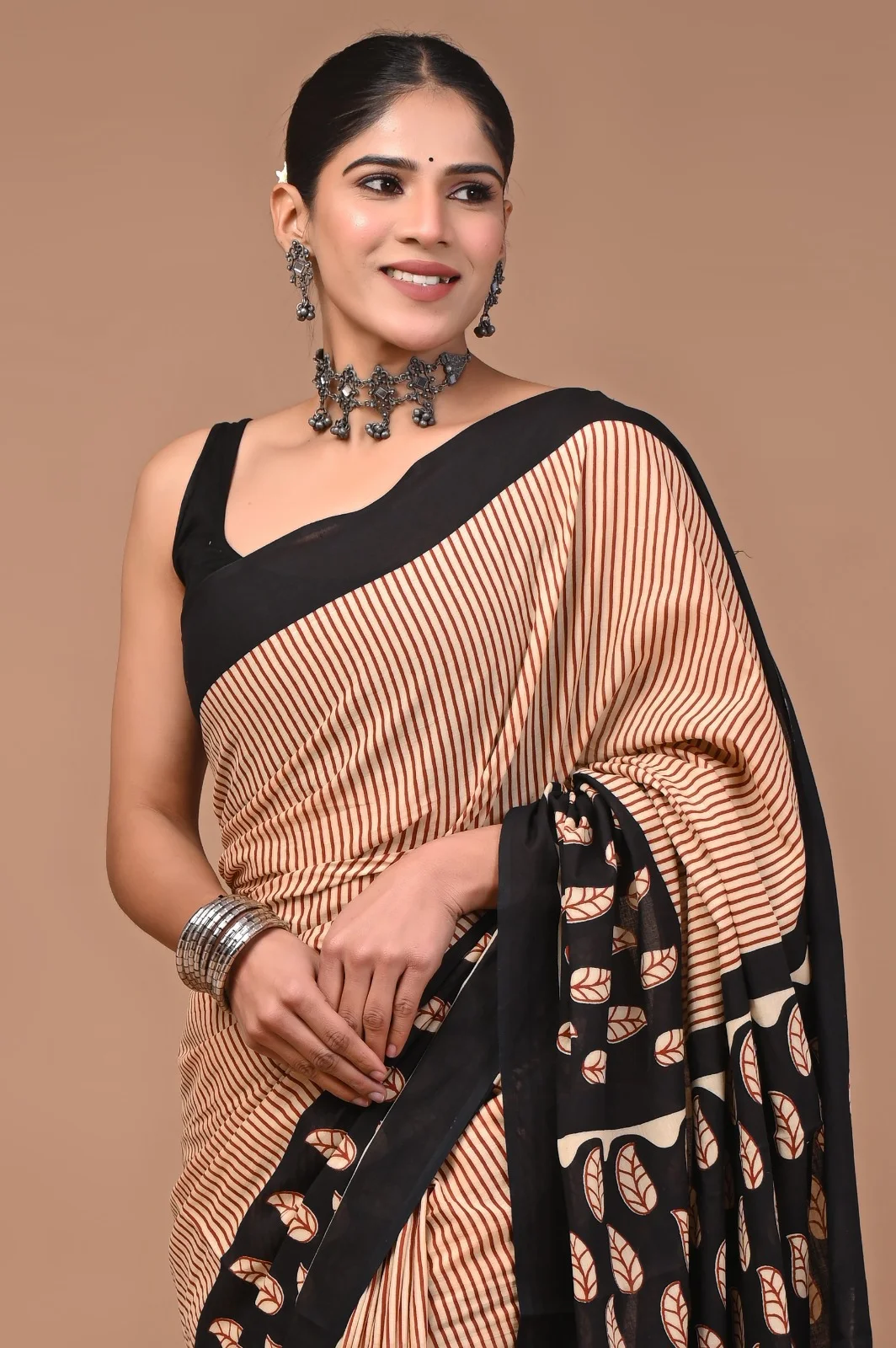 Elegant Handblock Printed Pure Cotton Saree with Black and Beige Leaf Motifs, Striped Pattern, Ethnic Traditional Indian Design, Lightweight Breathable Fabric for Festive and Casual Wear, Artisan Crafted, Comfortable Summer Saree image 4