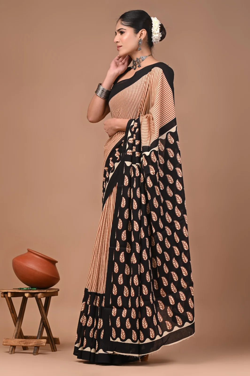 Elegant Handblock Printed Pure Cotton Saree with Black and Beige Leaf Motifs, Striped Pattern, Ethnic Traditional Indian Design, Lightweight Breathable Fabric for Festive and Casual Wear, Artisan Crafted, Comfortable Summer Saree image 1
