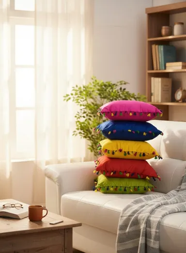 Set of 5 Multicolour Decorative Cushion Covers with Tassels for Sofa Living Room Bedroom Soft Cotton Modern Throw Pillow Case Home Decor thumbnail 1