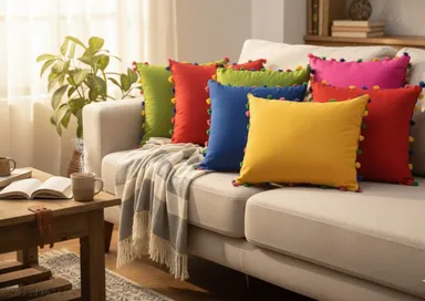 Set of 5 Multicolour Decorative Cushion Covers with Tassels for Sofa Living Room Bedroom Soft Cotton Modern Throw Pillow Case Home Decor thumbnail 2