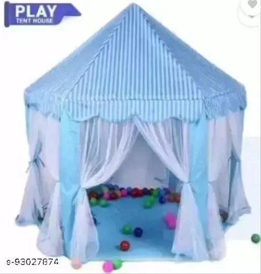 Play Kids Tent House Blue & White Striped Indoor Outdoor Playhouse Foldable Fabric Tent with Mesh Curtains, Ball Pit Compatible, Easy Setup, Durable Play Area for Toddlers & Children image 1