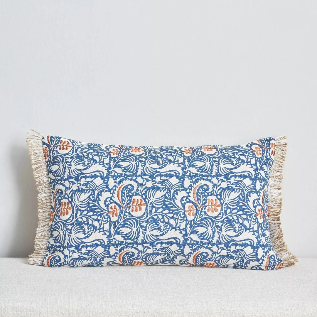 Handcrafted Blue Floral Cotton Cushion Pillow with Fringed Edges for Sofa Bed Chair Home Decor | Rectangular Throw Pillow for Living Room Bedroom image 3