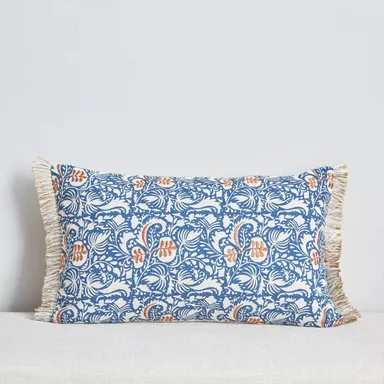 Handcrafted Blue Floral Cotton Cushion Pillow with Fringed Edges for Sofa Bed Chair Home Decor | Rectangular Throw Pillow for Living Room Bedroom thumbnail 2