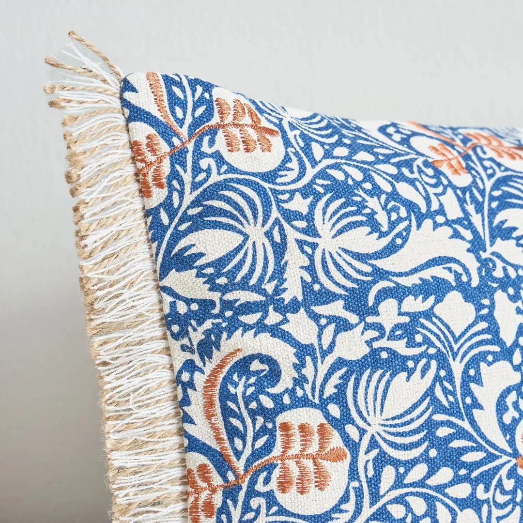 Handcrafted Blue Floral Cotton Cushion Pillow with Fringed Edges for Sofa Bed Chair Home Decor | Rectangular Throw Pillow for Living Room Bedroom image 4