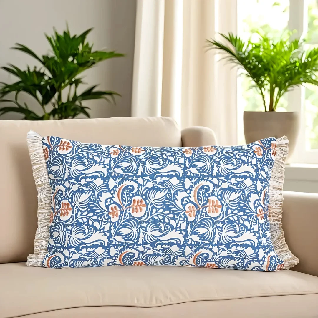 Handcrafted Blue Floral Cotton Cushion Pillow with Fringed Edges for Sofa Bed Chair Home Decor | Rectangular Throw Pillow for Living Room Bedroom image 1
