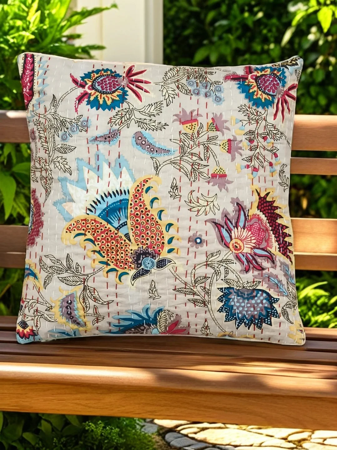 “Handmade Multicolour Floral Kantha Cotton Cushion Cover 16x16 inches Ethnic Indian Sofa Pillow Home Décor Decorative Throw Pillow for Living Room Bedroom Gifting” image 2