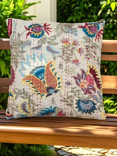 “Handmade Multicolour Floral Kantha Cotton Cushion Cover 16x16 inches Ethnic Indian Sofa Pillow Home Décor Decorative Throw Pillow for Living Room Bedroom Gifting” thumbnail 1