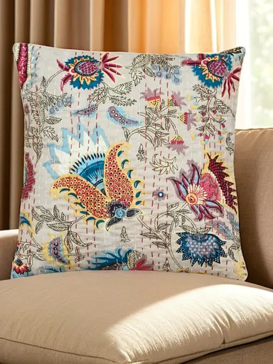 “Handmade Multicolour Floral Kantha Cotton Cushion Cover 16x16 inches Ethnic Indian Sofa Pillow Home Décor Decorative Throw Pillow for Living Room Bedroom Gifting” thumbnail 2