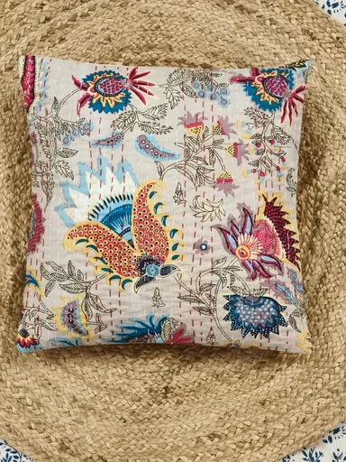 “Handmade Multicolour Floral Kantha Cotton Cushion Cover 16x16 inches Ethnic Indian Sofa Pillow Home Décor Decorative Throw Pillow for Living Room Bedroom Gifting” thumbnail 0