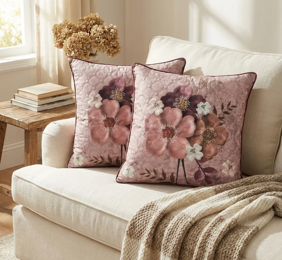 Applique Decorative Throw Pillow |Mauve Quilted Accent Cushion with Raised Green & Purple Flowers | Shabby Chic Home Decor image 2