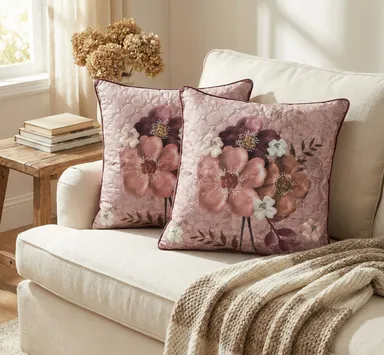 Applique Decorative Throw Pillow |Mauve Quilted Accent Cushion with Raised Green & Purple Flowers | Shabby Chic Home Decor thumbnail 1