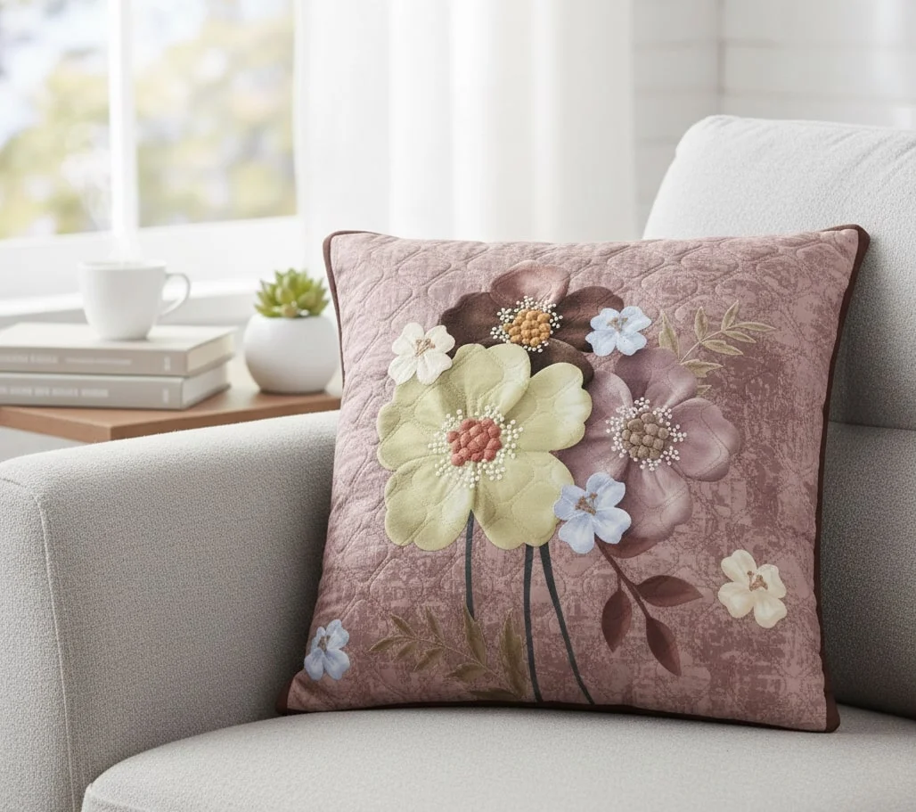 Applique Decorative Throw Pillow |Mauve Quilted Accent Cushion with Raised Green & Purple Flowers | Shabby Chic Home Decor image 1