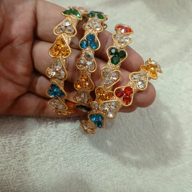 Gold Plated Multi-Colour Heart Stone Bangles Set for Women Girls | Festive & Party Wear Designer Crystal Rhinestone Bracelets, Adjustable One Size thumbnail 1
