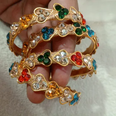 Gold Plated Multi-Colour Heart Stone Bangles Set for Women Girls | Festive & Party Wear Designer Crystal Rhinestone Bracelets, Adjustable One Size thumbnail 0