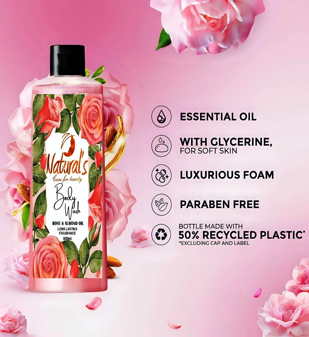 Natural's care For Beauty Rose & Almond oil Body Wash 500ml/For All Skin Type image 4