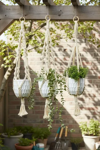 Handmade Bohemian Macramé Plant Hangers Set of 3 with Cotton Rope Indoor Hanging Planters Boho Home Décor Natural White Decorative Knot Patterns for Balcony Living Room thumbnail 1