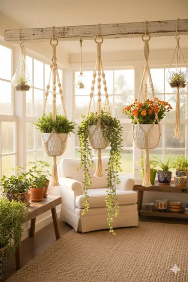Handmade Bohemian Macramé Plant Hangers Set of 3 with Cotton Rope Indoor Hanging Planters Boho Home Décor Natural White Decorative Knot Patterns for Balcony Living Room thumbnail 2
