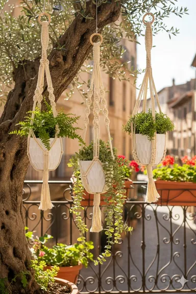 Handmade Bohemian Macramé Plant Hangers Set of 3 with Cotton Rope Indoor Hanging Planters Boho Home Décor Natural White Decorative Knot Patterns for Balcony Living Room thumbnail 3