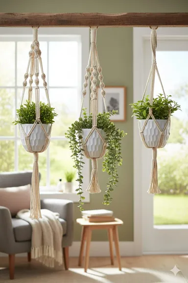 Handmade Bohemian Macramé Plant Hangers Set of 3 with Cotton Rope Indoor Hanging Planters Boho Home Décor Natural White Decorative Knot Patterns for Balcony Living Room thumbnail 4