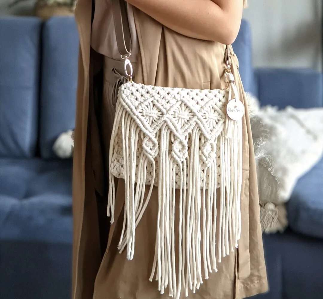 Handmade Ivory Cotton Macrame Hand Knitted Sling Bag Crossbody Clutch Handbag for Women Boho Chic Woven Cotton Rope Daily Essentials Purse Bohemian Festival Ethnic Style image 2