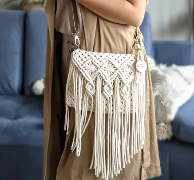Handmade Ivory Cotton Macrame Hand Knitted Sling Bag Crossbody Clutch Handbag for Women Boho Chic Woven Cotton Rope Daily Essentials Purse Bohemian Festival Ethnic Style thumbnail 1