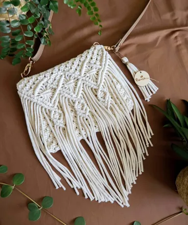 Handmade Ivory Cotton Macrame Hand Knitted Sling Bag Crossbody Clutch Handbag for Women Boho Chic Woven Cotton Rope Daily Essentials Purse Bohemian Festival Ethnic Style thumbnail 3